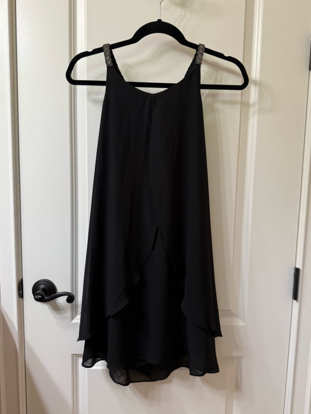 BCX Black High-Low layered Chiffon Dress with Beaded Straps. L